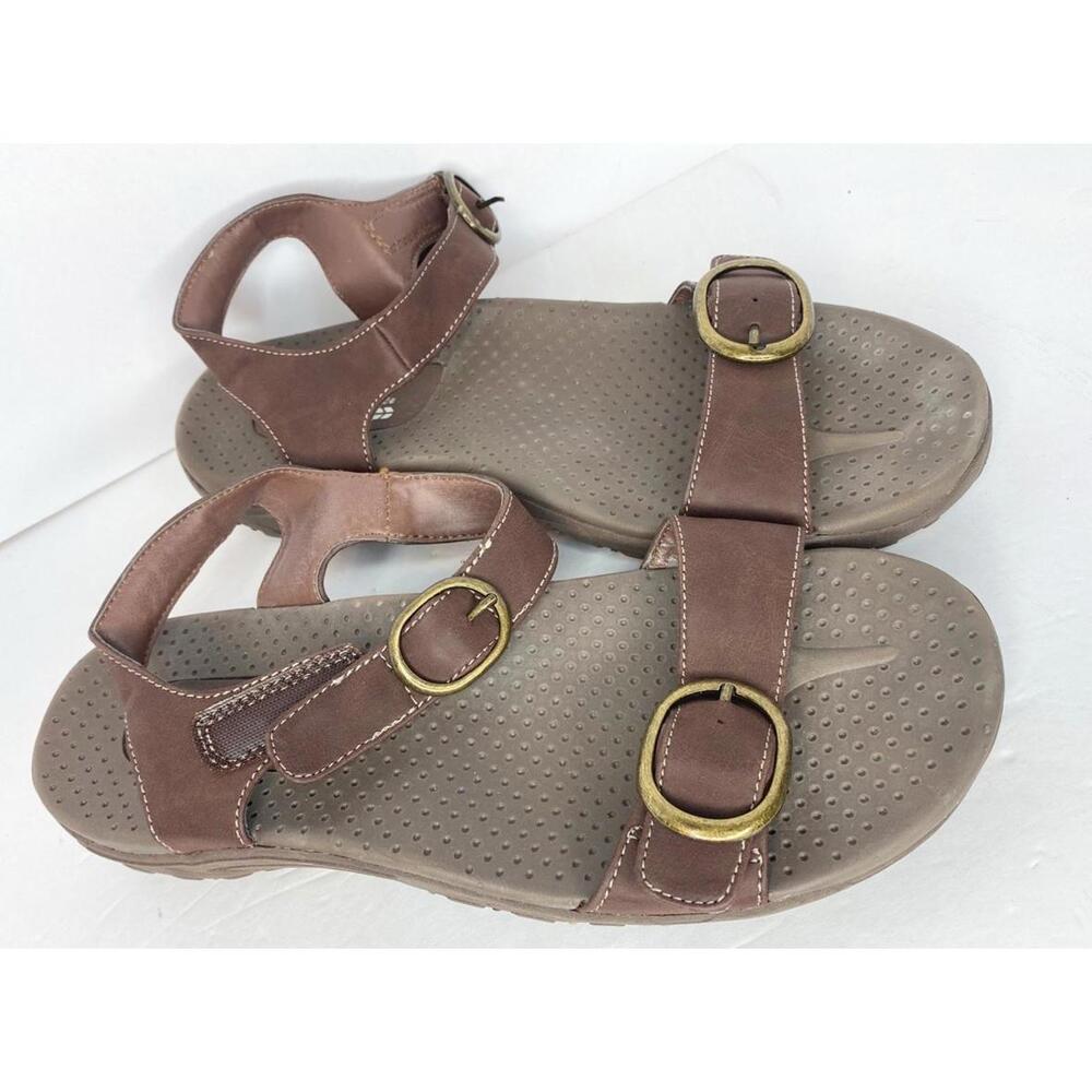 Skechers Women's Taupe Leather Strap Sandals with Gold Buckles